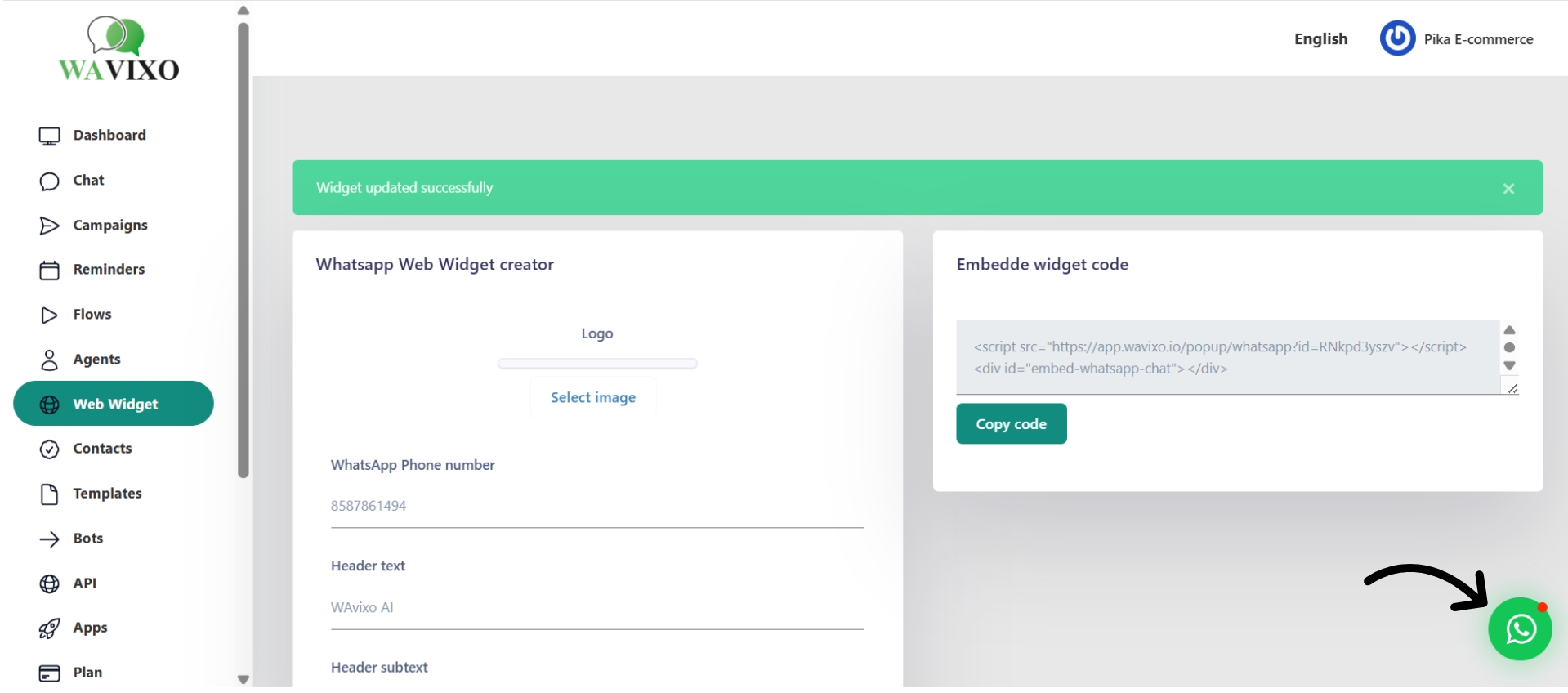 Widget updated successfully